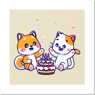 Cute Shiba Inu Dog And Cat With Birthday Cake Cartoon Posters and Art